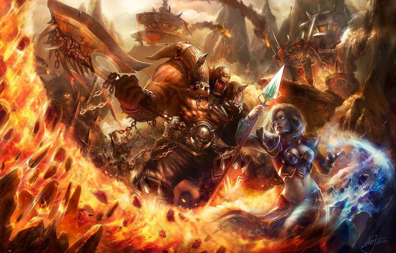 Photo wallpaper girl, lights, magic, warrior, MAG, staff, World of Warcraft, battle