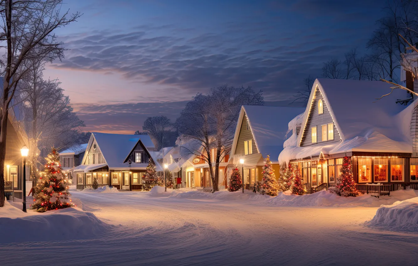 Photo wallpaper winter, snow, decoration, night, the city, lights, street, tree