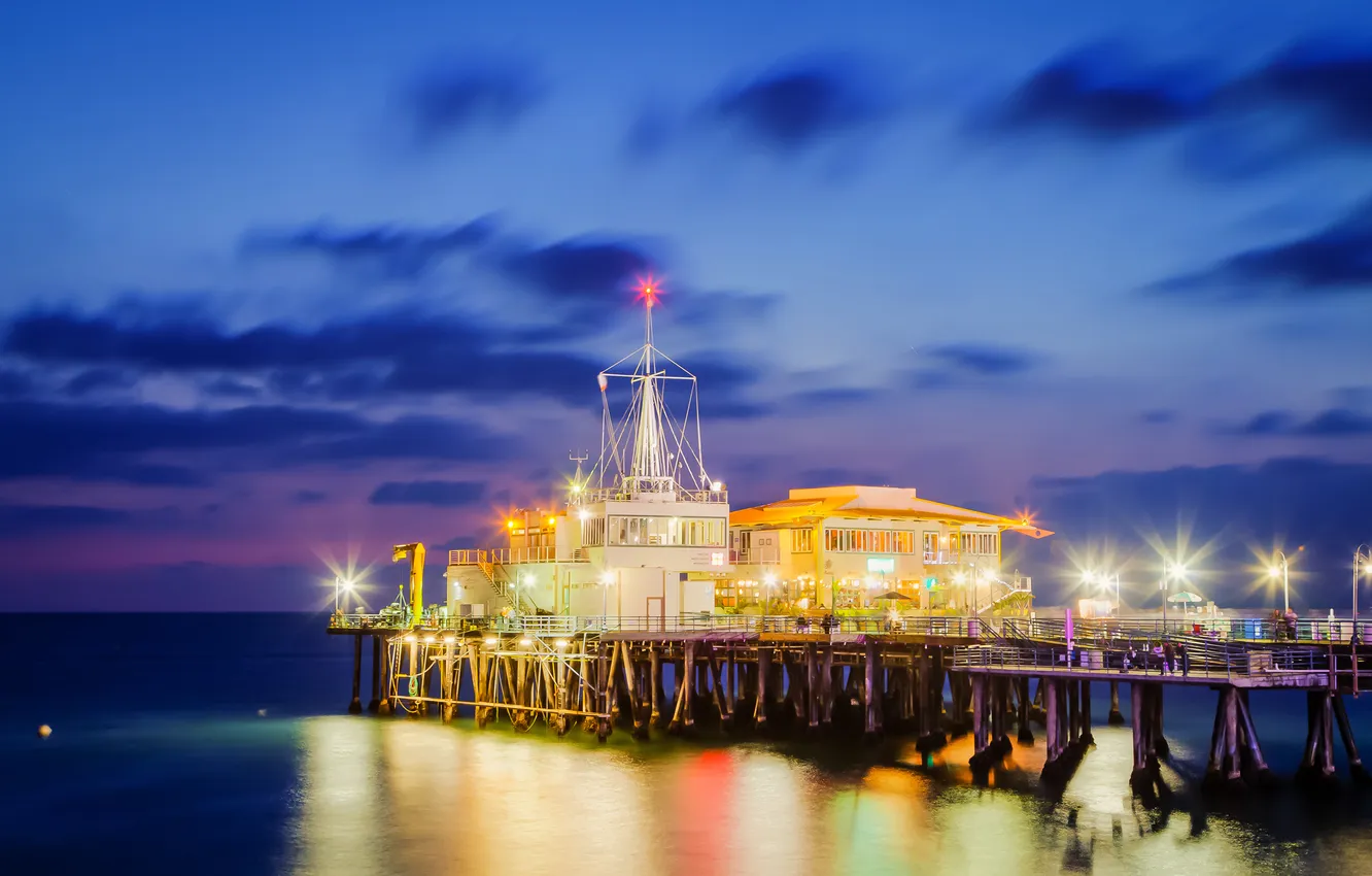 Photo wallpaper sea, the sky, light, night, lights, pier, California, Santa Monica