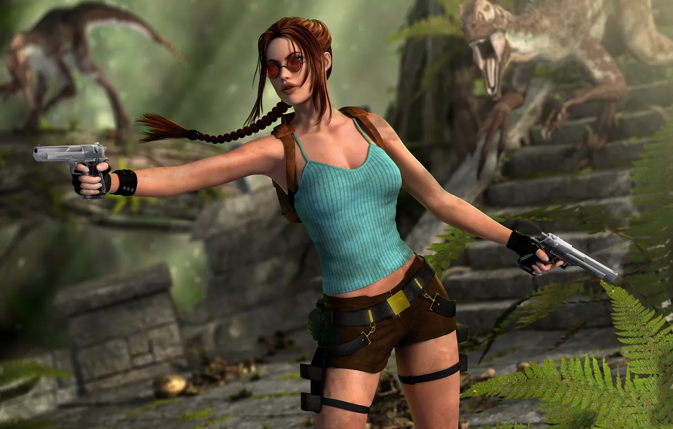 Photo wallpaper girl, rendering, guns, jungle, glasses, braid, dinosaurs, Tomb Raider