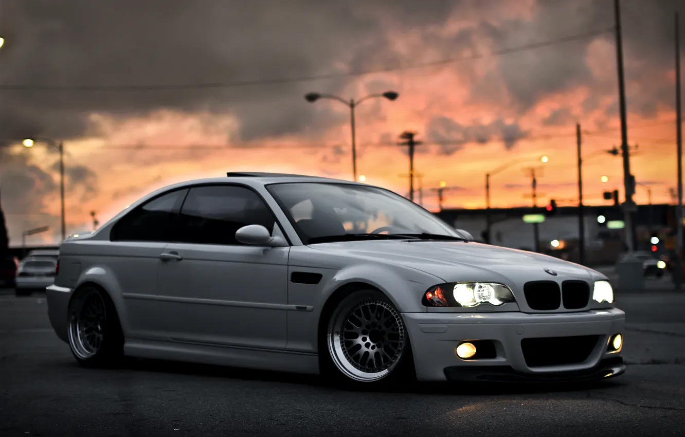 Photo wallpaper white, the sky, sunset, the city, BMW, BMW, white, E46