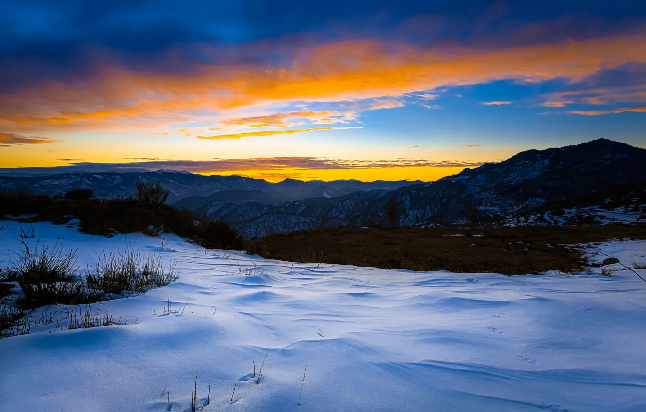 Photo wallpaper winter, snow, sunset, mountains, the evening