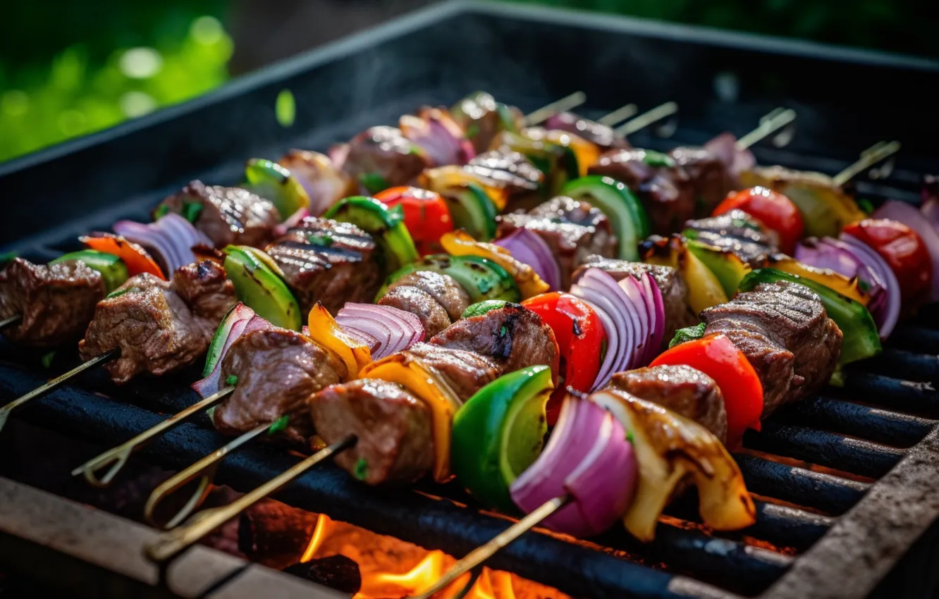 Photo wallpaper lights, smoke, grille, bow, meat, lime, vegetables, tomatoes