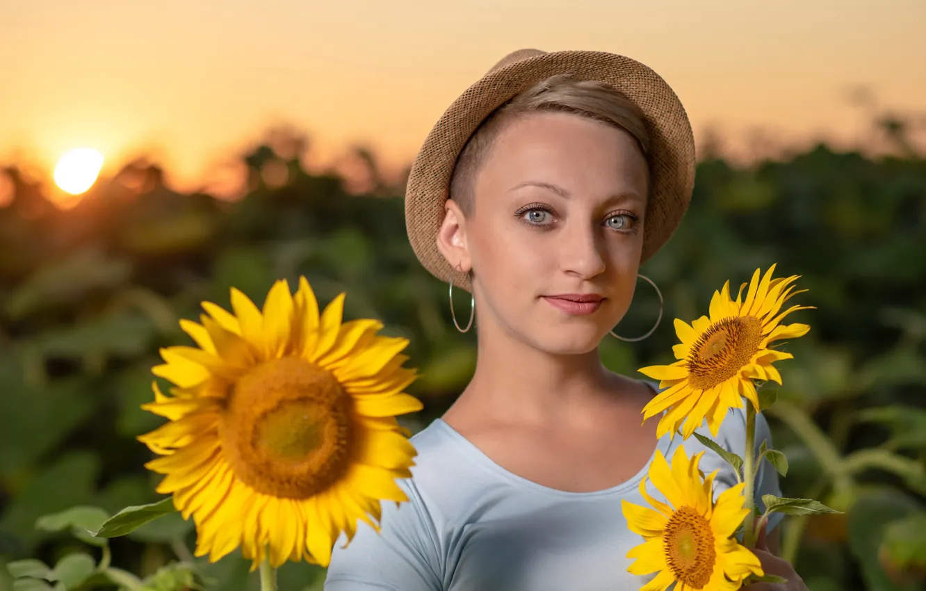 Photo wallpaper girl, sunflowers, Masha