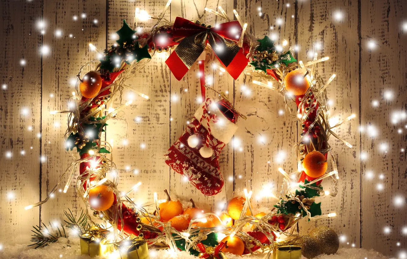 Photo wallpaper decoration, lights, New Year, Christmas, Christmas, wreath, decoration, Merry