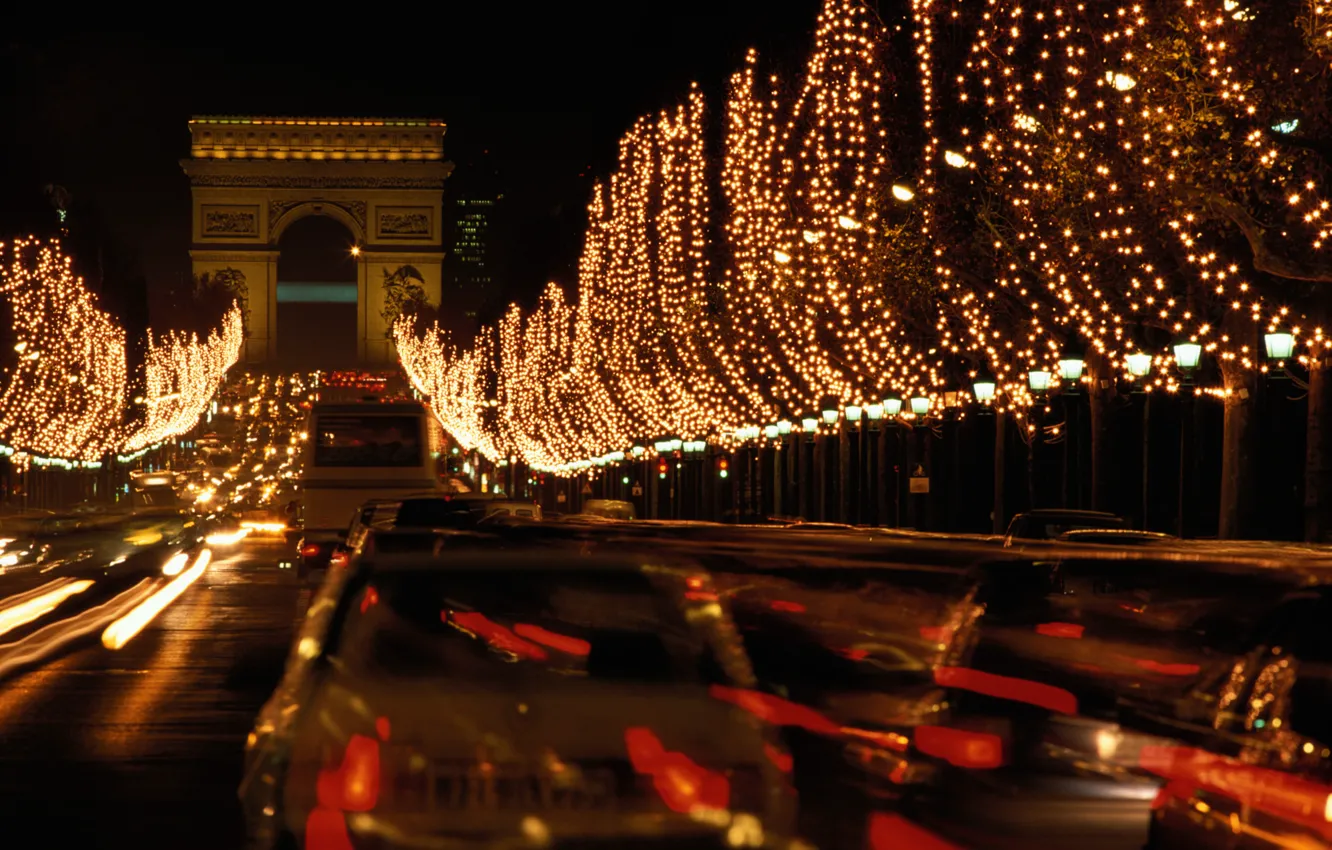 Photo wallpaper night, Paris, new year, garland, arch