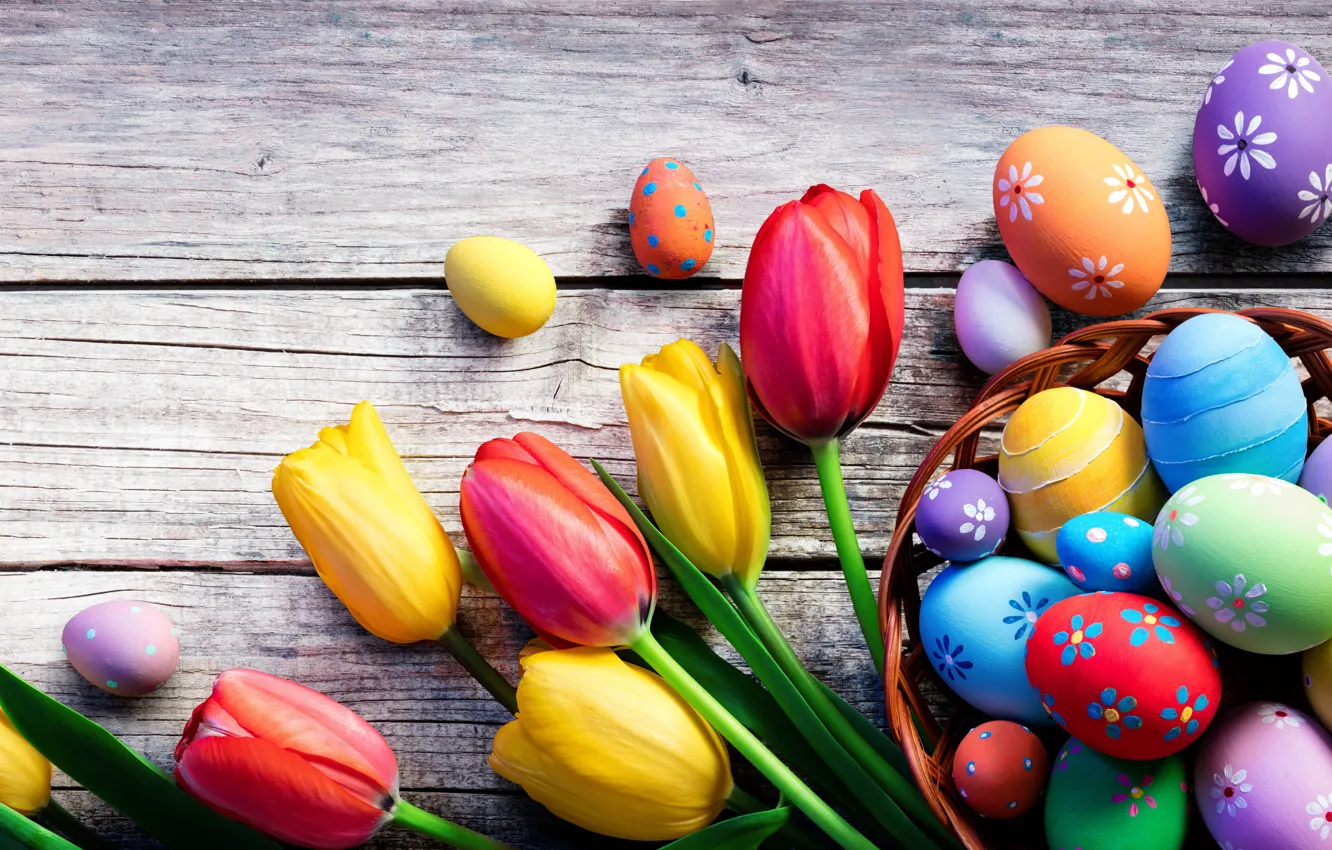 Photo wallpaper flowers, holiday, Board, eggs, Easter, tulips, basket, Easter