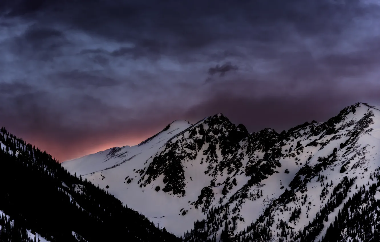 Photo wallpaper winter, the sky, clouds, snow, trees, sunset, mountains, clouds