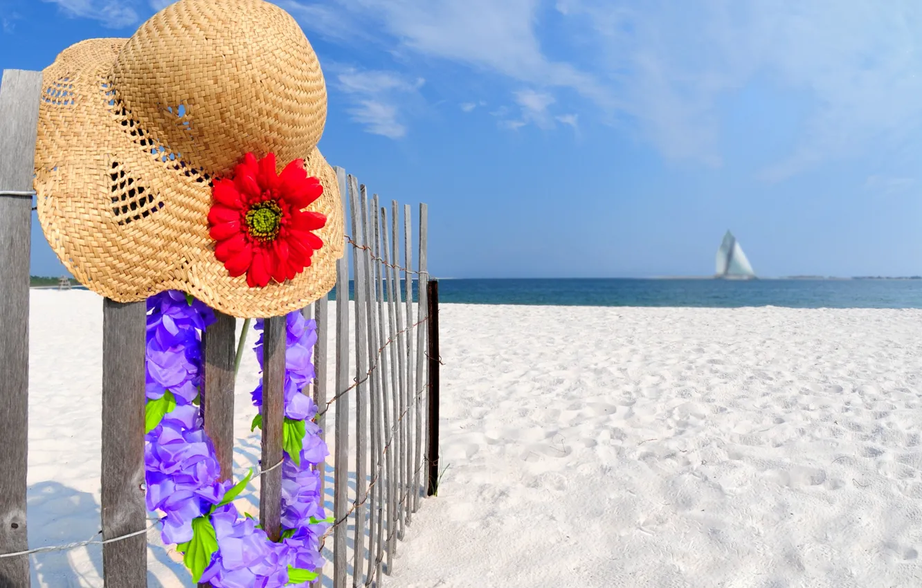 Photo wallpaper sand, beach, the sky, clouds, landscape, flowers, hat, in the summer