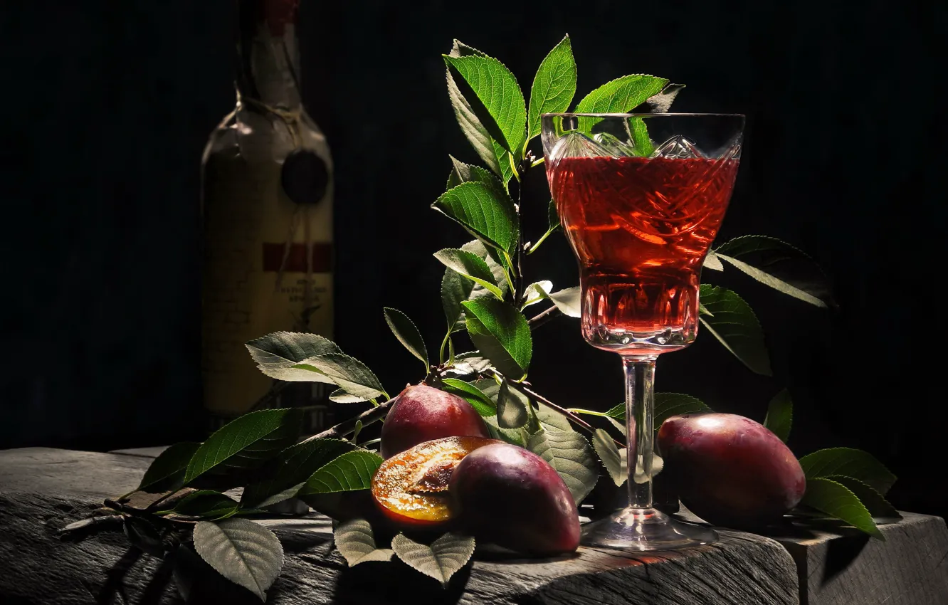 Photo wallpaper leaves, branches, Board, glass, bottle, fruit, drink, plum