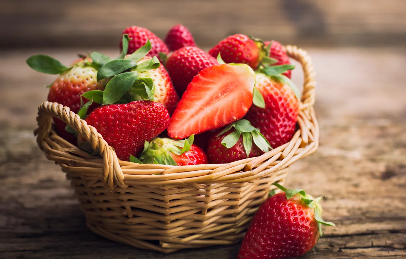 Photo wallpaper berries, strawberry, red, basket, red, fresh, wood, ripe