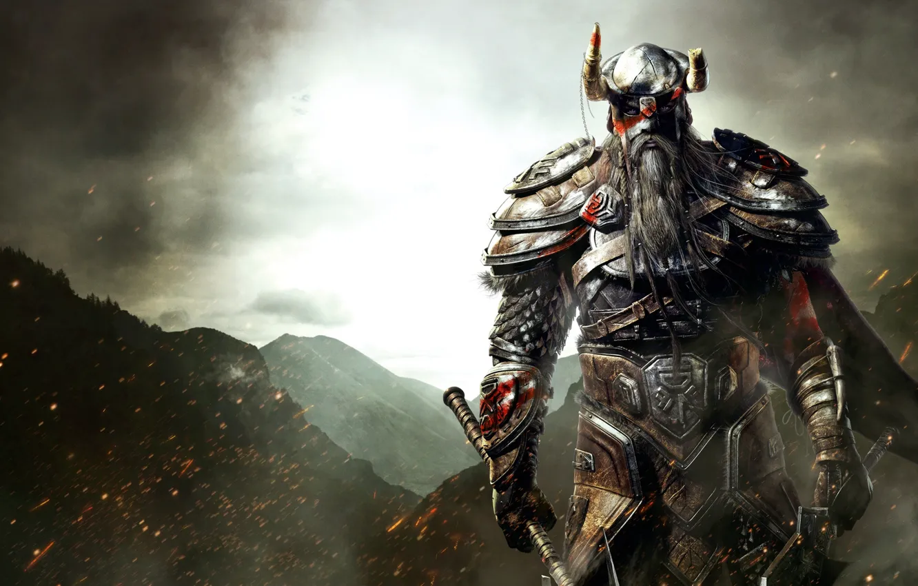Photo wallpaper mountains, sword, armor, beard, axe, the elder scrolls, Viking, The Elder Scrolls Online