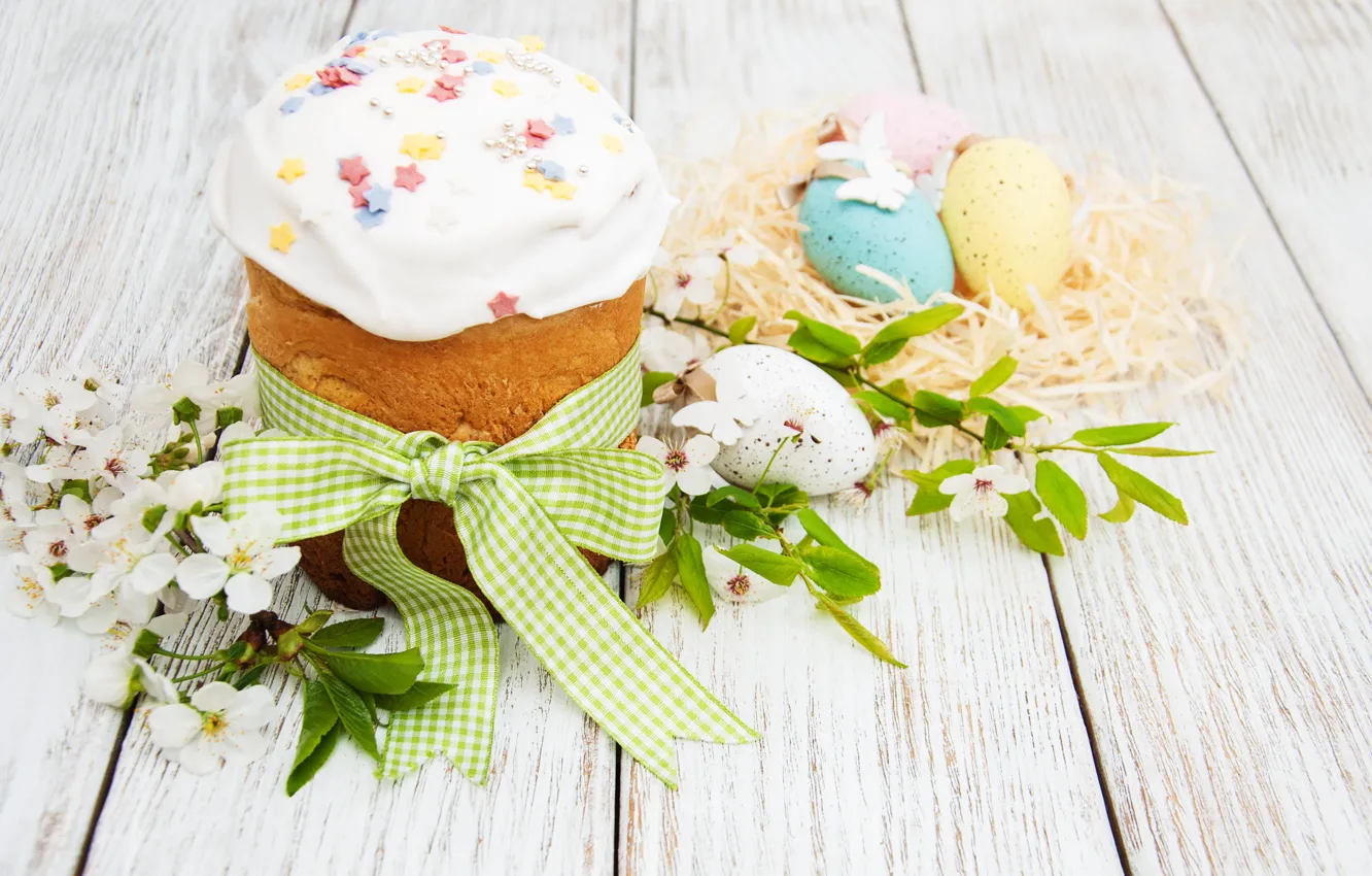 Photo wallpaper flowers, eggs, spring, colorful, Easter, cake, cake, wood