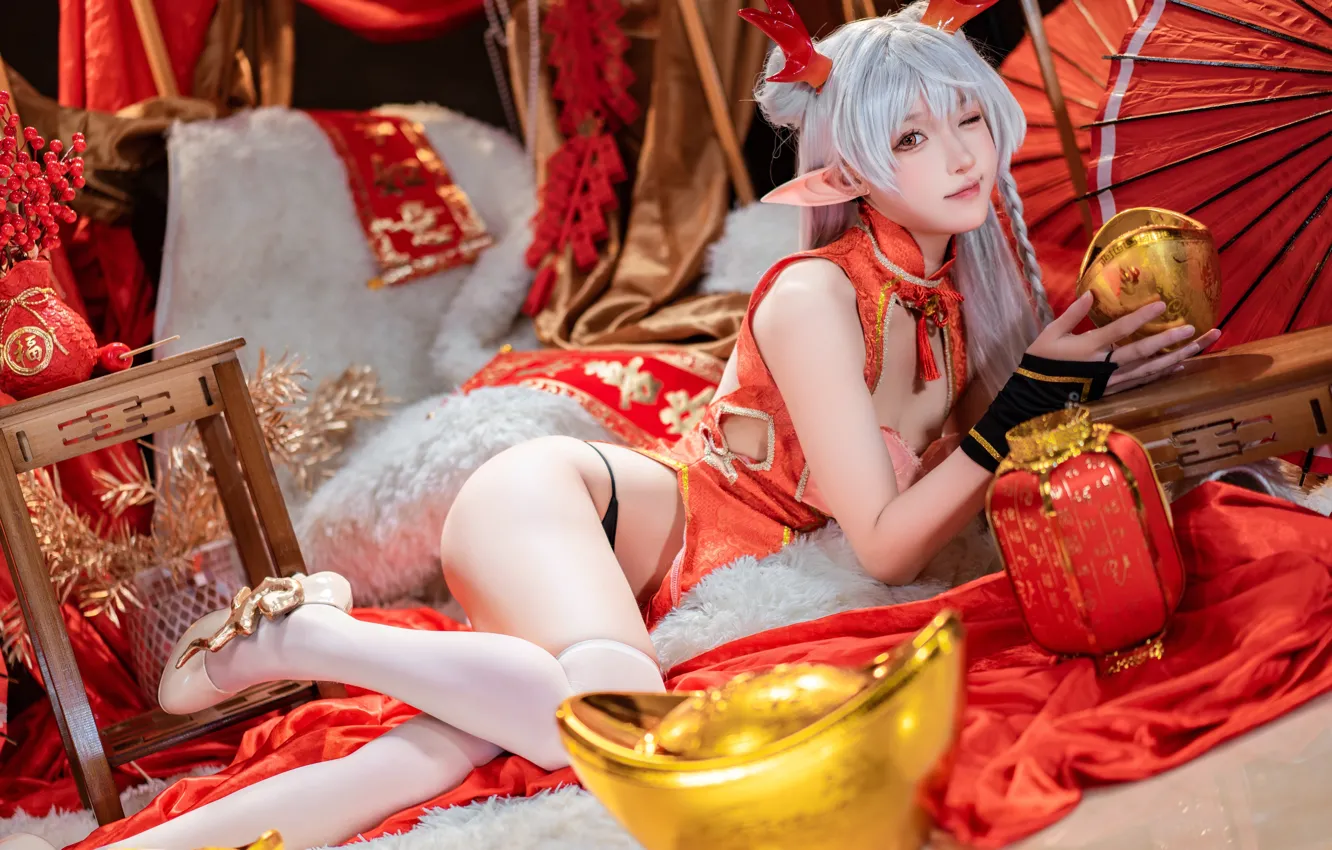 Photo wallpaper model, women, cosplay, asian, Dragon girl, women indoors, Cheongsam, Abaoyeshitunia