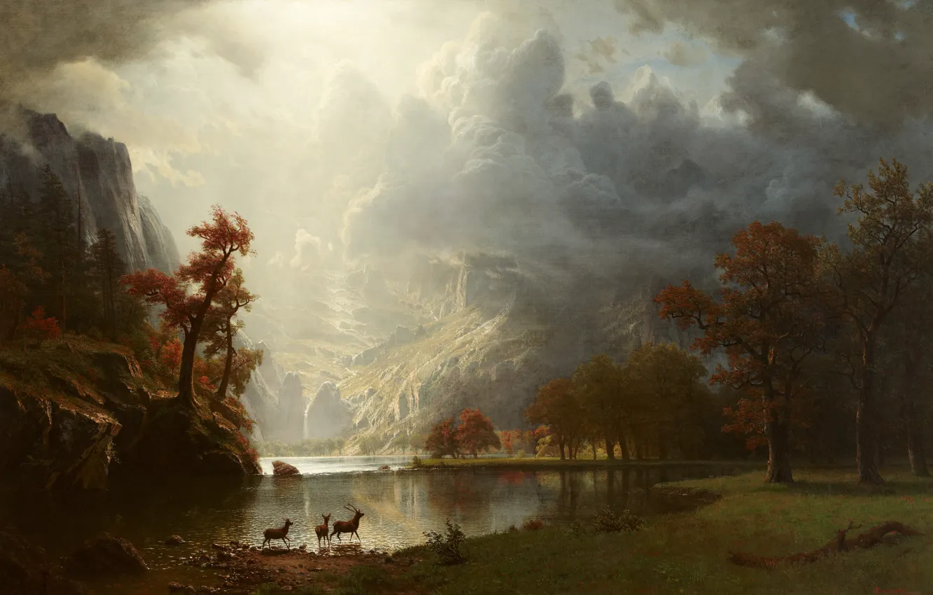Photo wallpaper animals, mountains, shore, pond, Albert Bierstadt