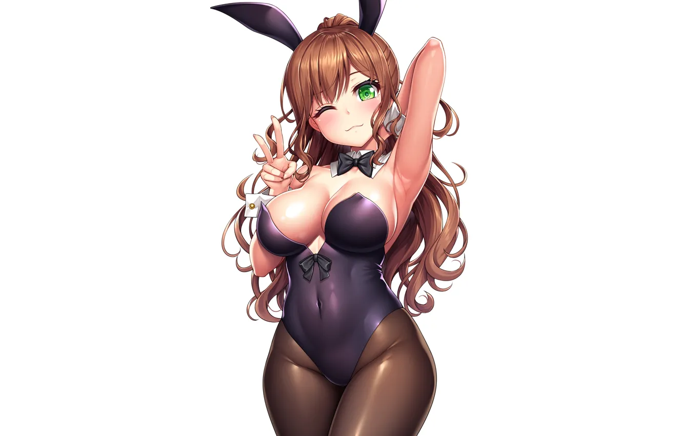 Photo wallpaper girl, sexy, cleavage, green eyes, long hair, brown hair, boobs, anime