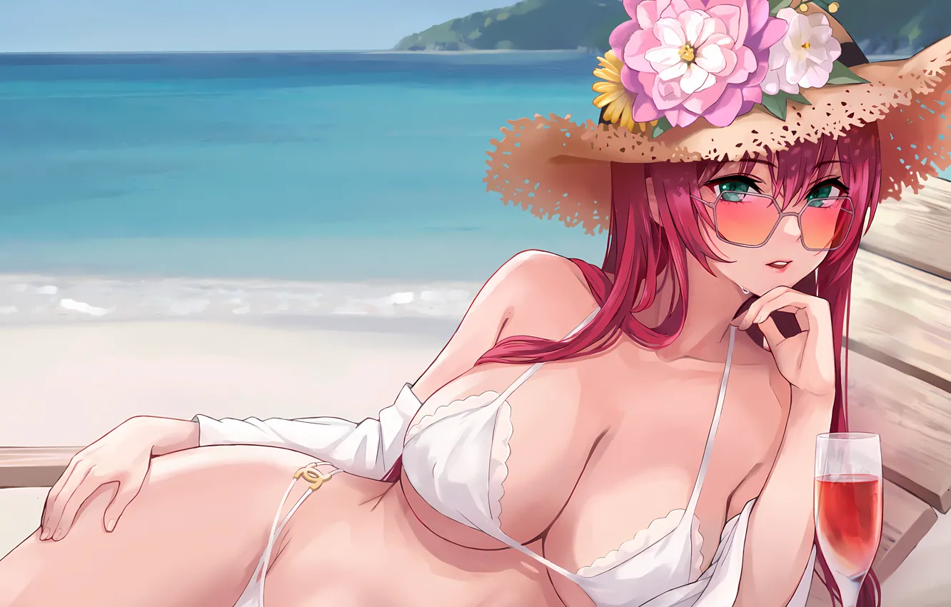 Photo wallpaper girl, sexy, cleavage, beach, pink hair, green eyes, long hair, sea