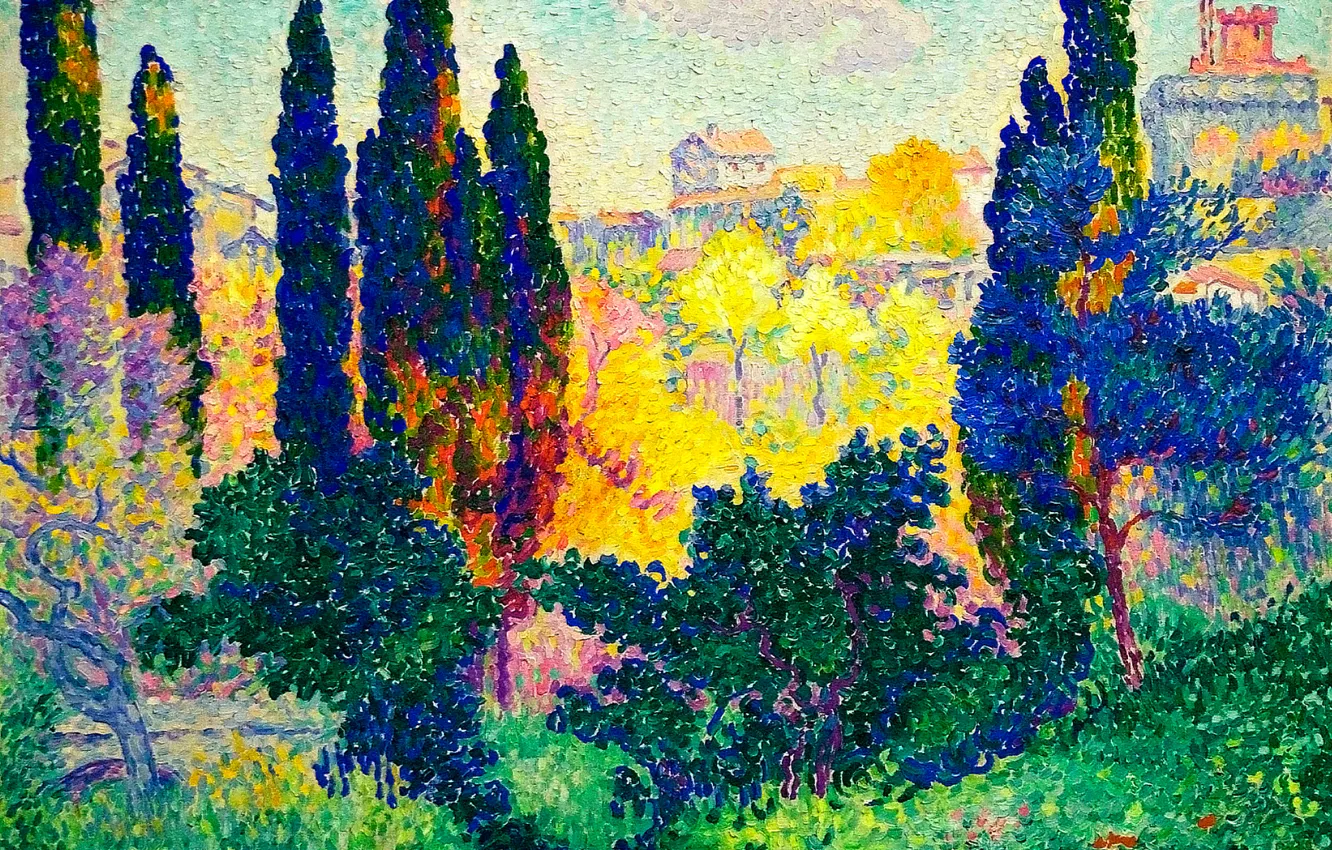 Photo wallpaper trees, landscape, home, picture, Cypress Trees at Cagnes, Henri Edmond Cross