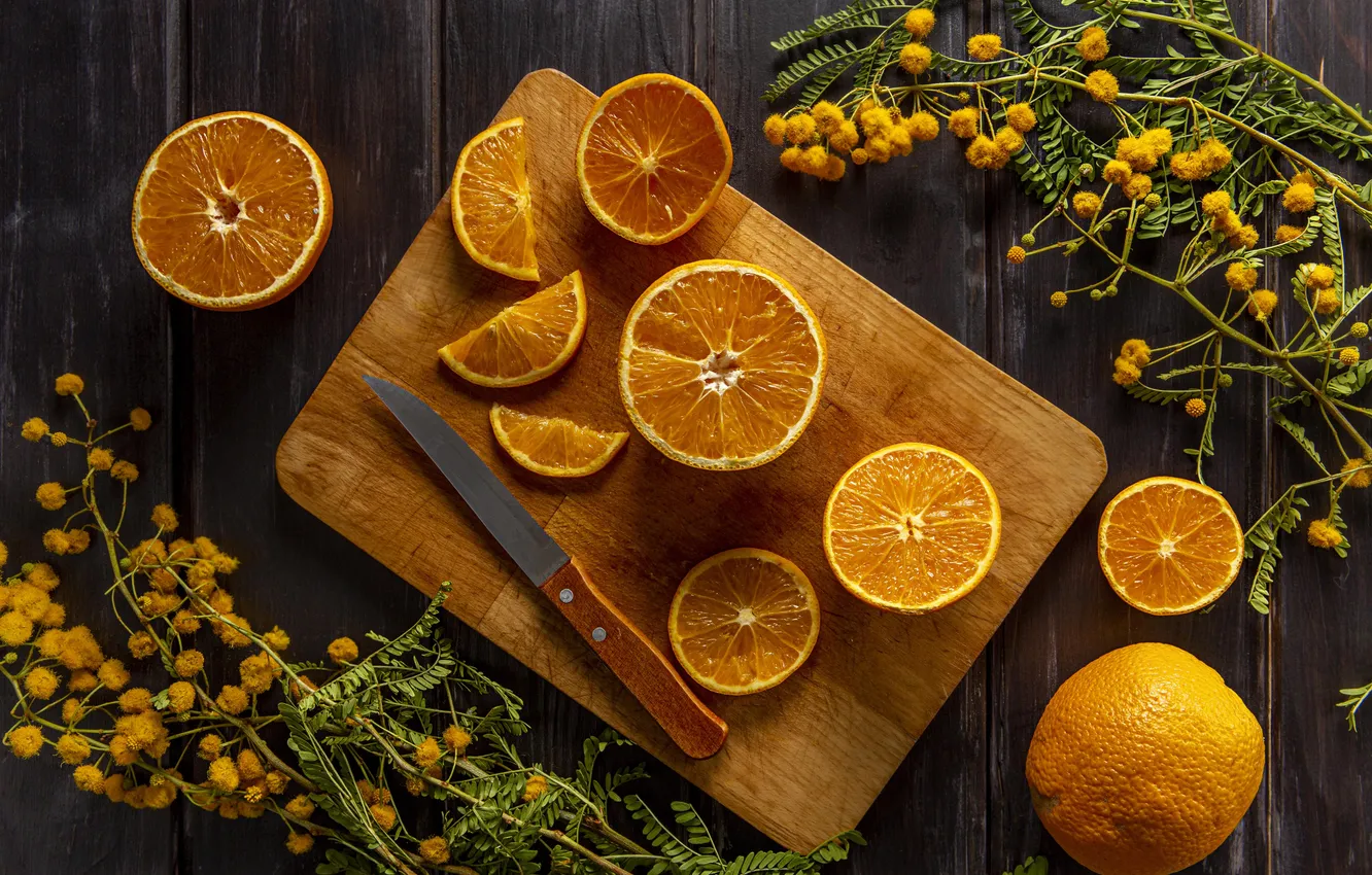 Photo wallpaper flowers, yellow, the dark background, Board, orange, knife, fruit, halves