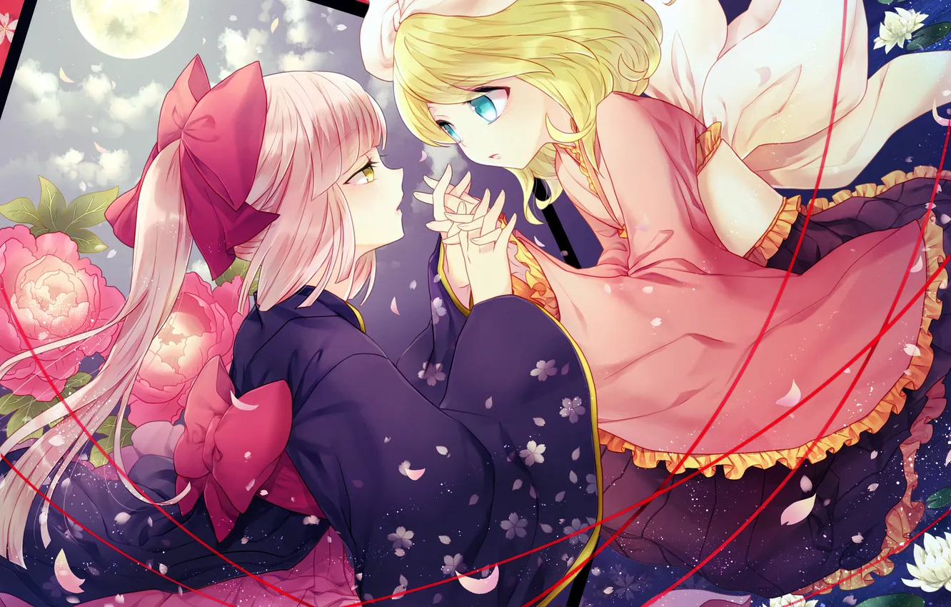 Photo wallpaper the sky, girl, clouds, flowers, night, the moon, petals, art