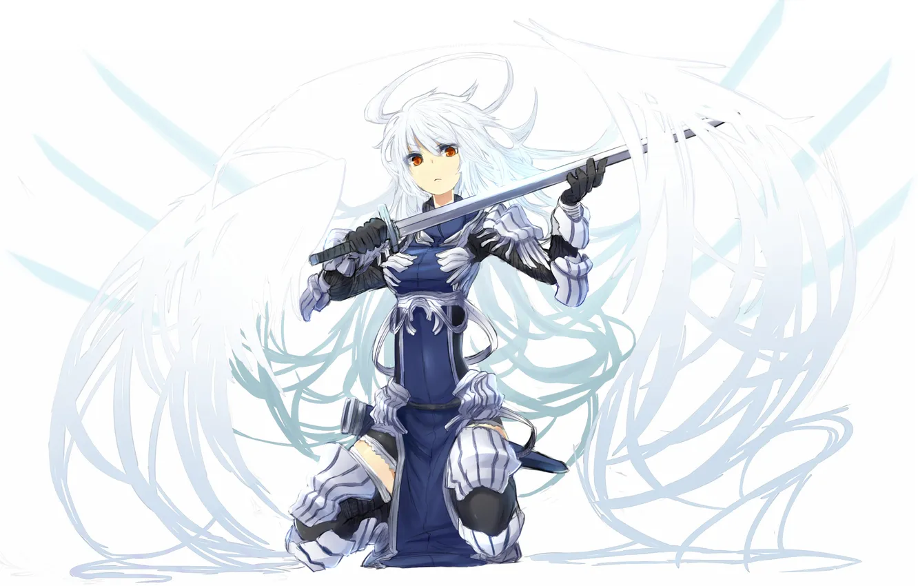 Photo wallpaper girl, weapons, wings, angel, sword, anime, art, halo