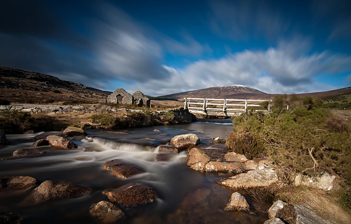 Photo wallpaper bridge, river, stones, hills, ruins