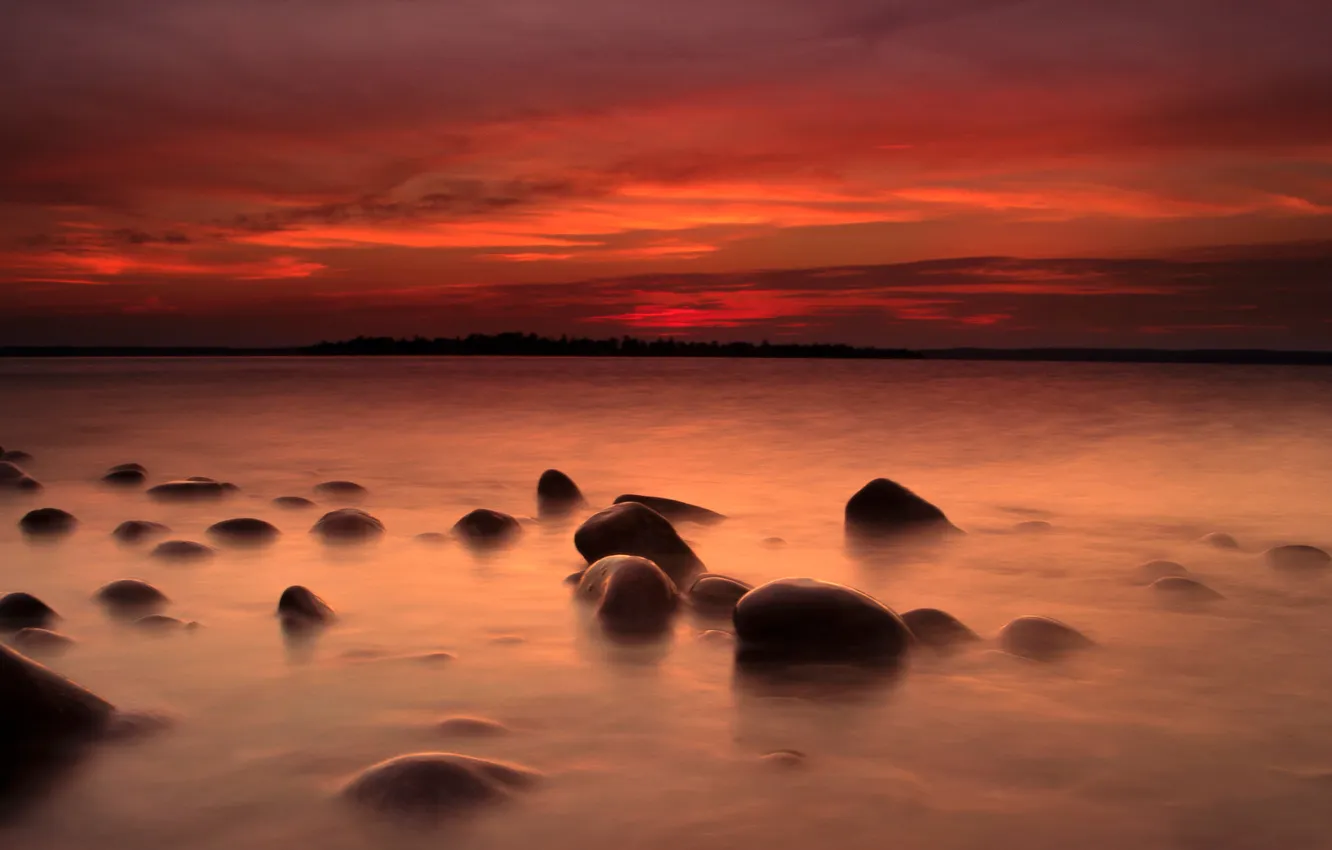 Photo wallpaper the sky, clouds, lake, stones, glow