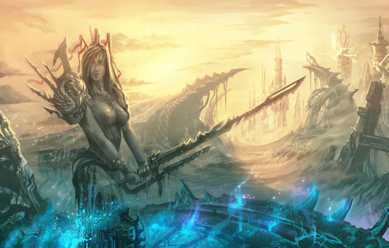 Photo wallpaper girl, weapons, magic, warrior, unknown land
