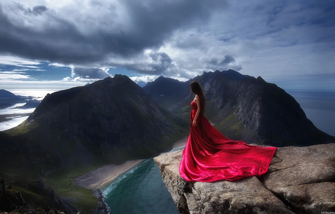 Photo wallpaper girl, mountains, rocks, dress, in red, on the edge