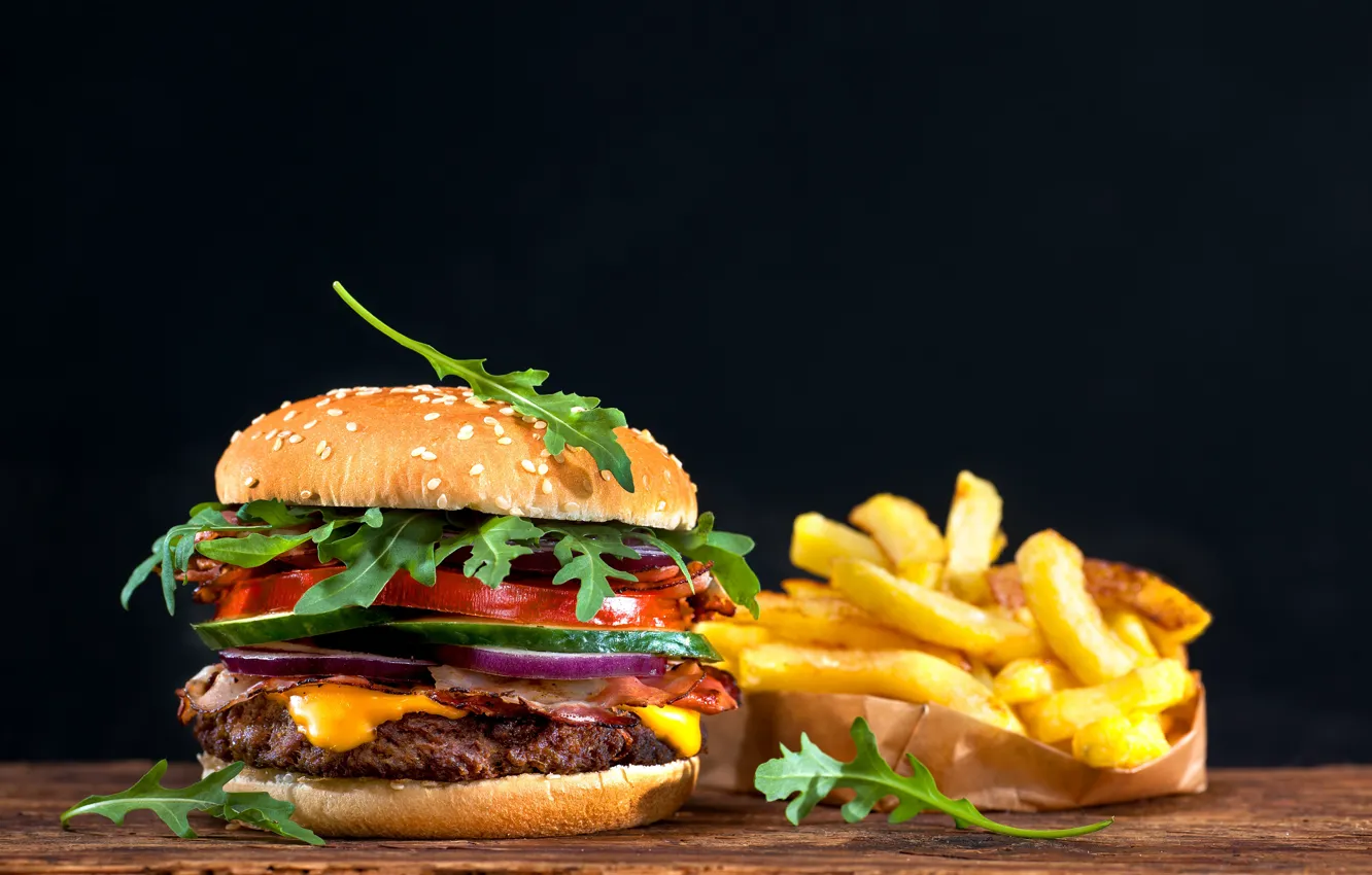 Photo wallpaper black background, sandwich, hamburger, bokeh, fast food, French fries