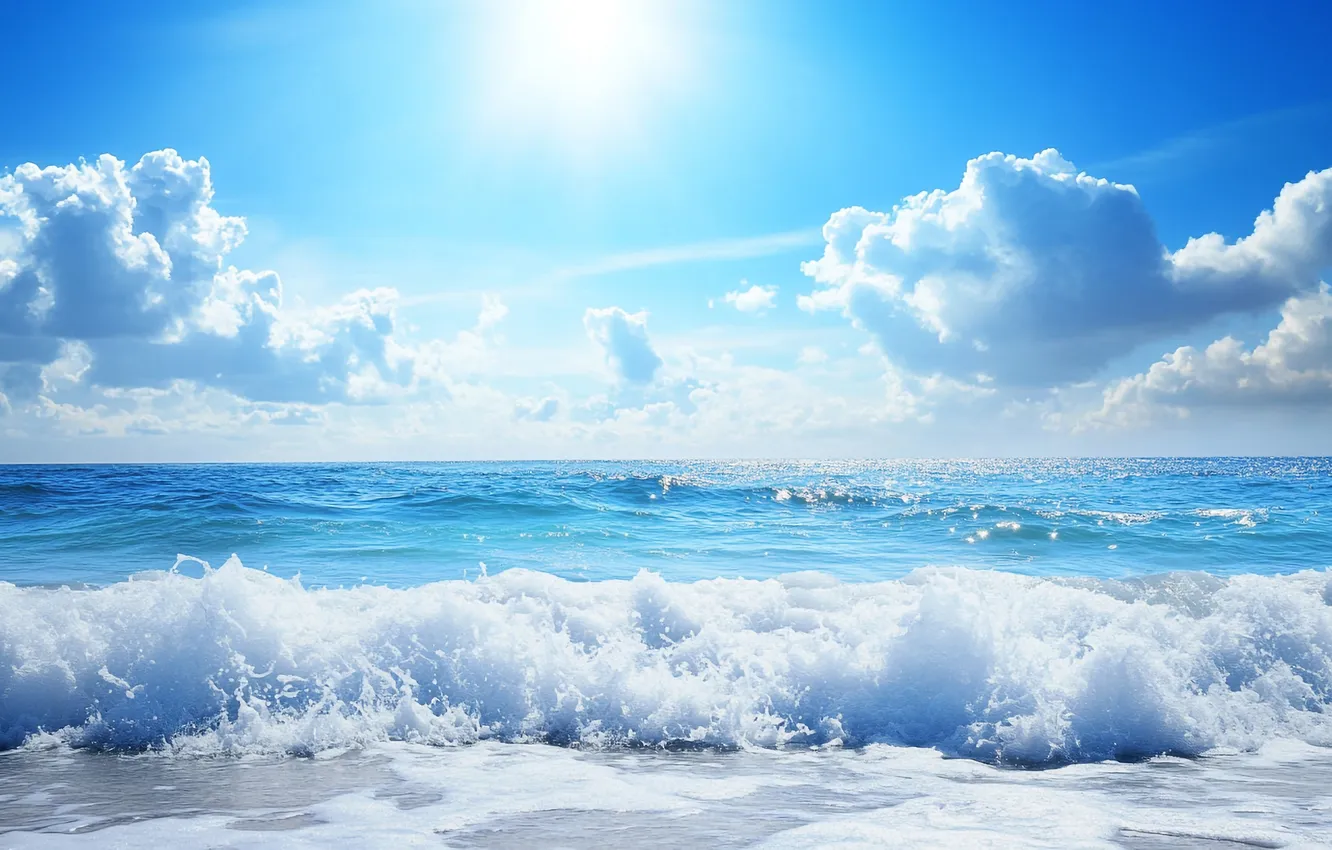 Photo wallpaper sea, wave, beach, the sky, the sun, clouds, light, blue