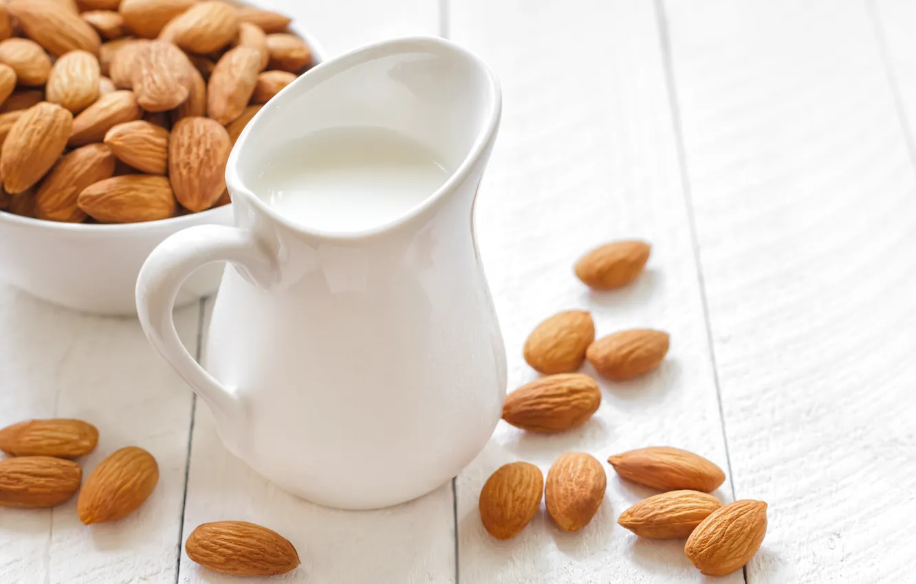 Photo wallpaper table, milk, plate, pitcher, nuts, almonds
