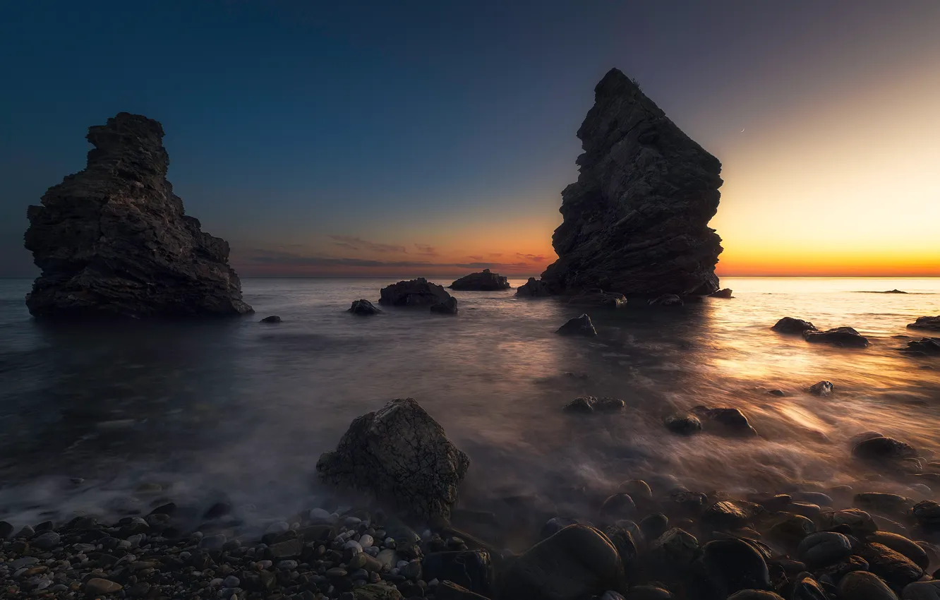 Photo wallpaper sea, sunset, pebbles, stones, rocks, coast, the evening