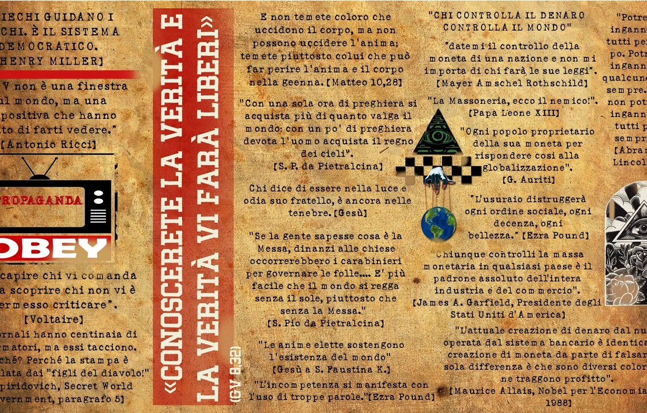 Photo wallpaper eyes, phrases, pyramid, Italian, Illuminati, old paper, TV, propaganda