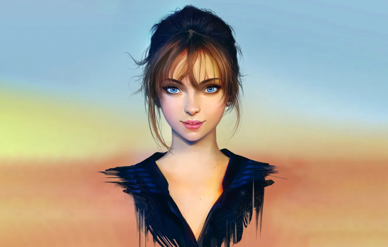 Photo wallpaper girl, smile, anime, blue eyes, beautiful, short hair, pretty, lips