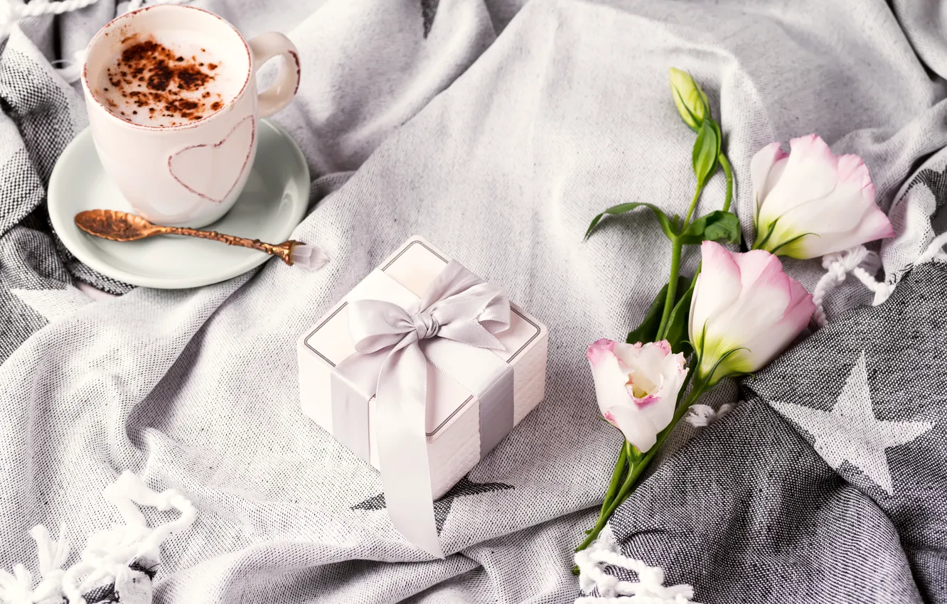 Photo wallpaper comfort, gift, coffee, bouquet, Cup, plaid, Eustoma, Myfoodie