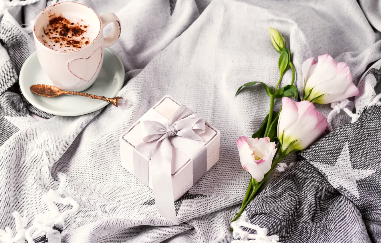 Photo wallpaper comfort, gift, coffee, bouquet, Cup, plaid, eustoma, Myfoodie
