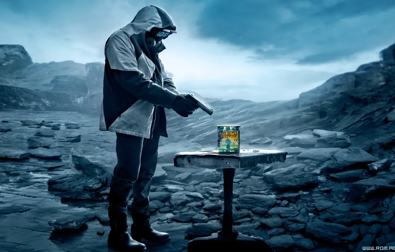 Photo wallpaper gun, Bank, table, romantically apocalyptic, violence