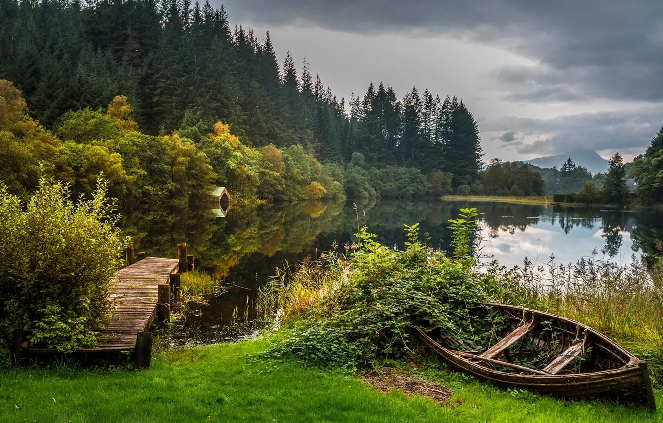Photo wallpaper autumn, forest, lake, boat, Scotland, the bridge, Scotland, Loch Lomond