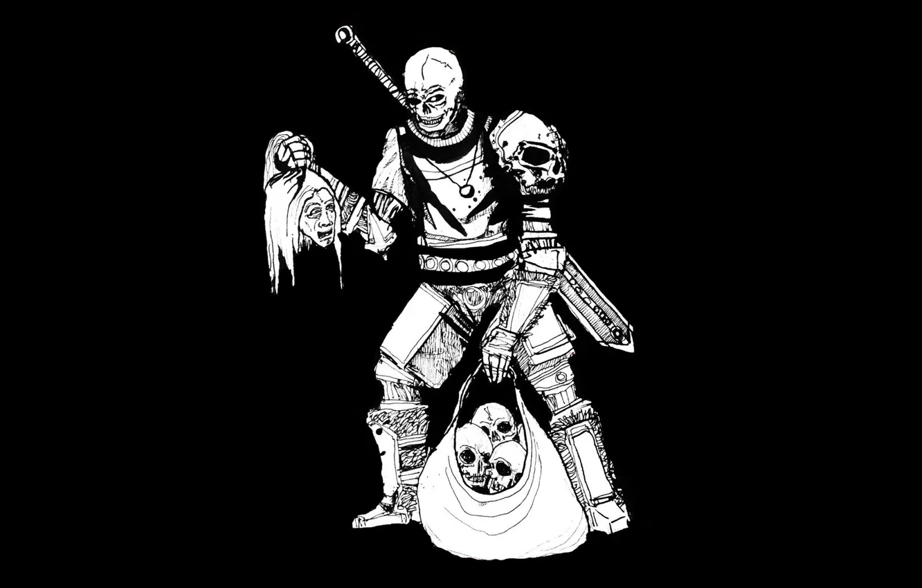 Photo wallpaper skull, head, armor, art, skeleton, black and white, bag