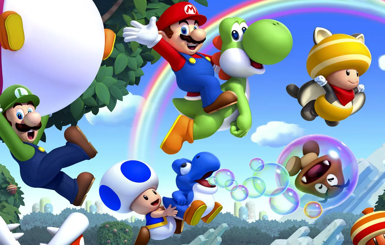 Photo wallpaper leaves, trees, mushrooms, rainbow, Mario, Mario, Nintendo, Wii U