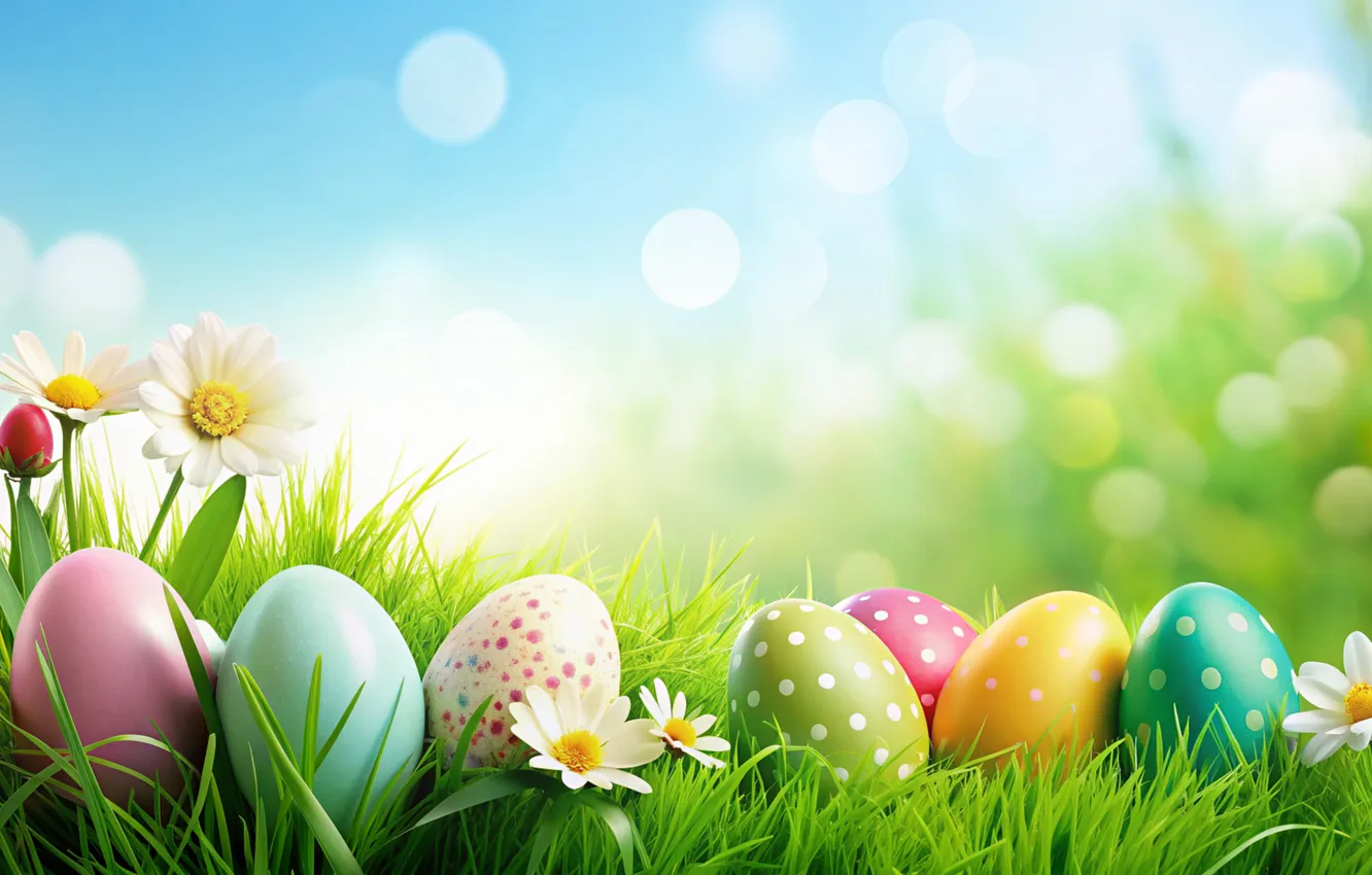 Photo wallpaper flowers, eggs, spring, colorful, Easter, flowers, spring, Easter