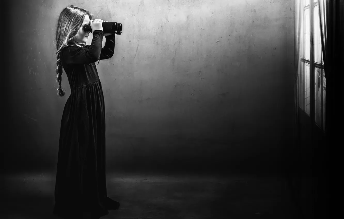 Photo wallpaper window, girl, binoculars, girl, window, binoculars, Ute Scherhag