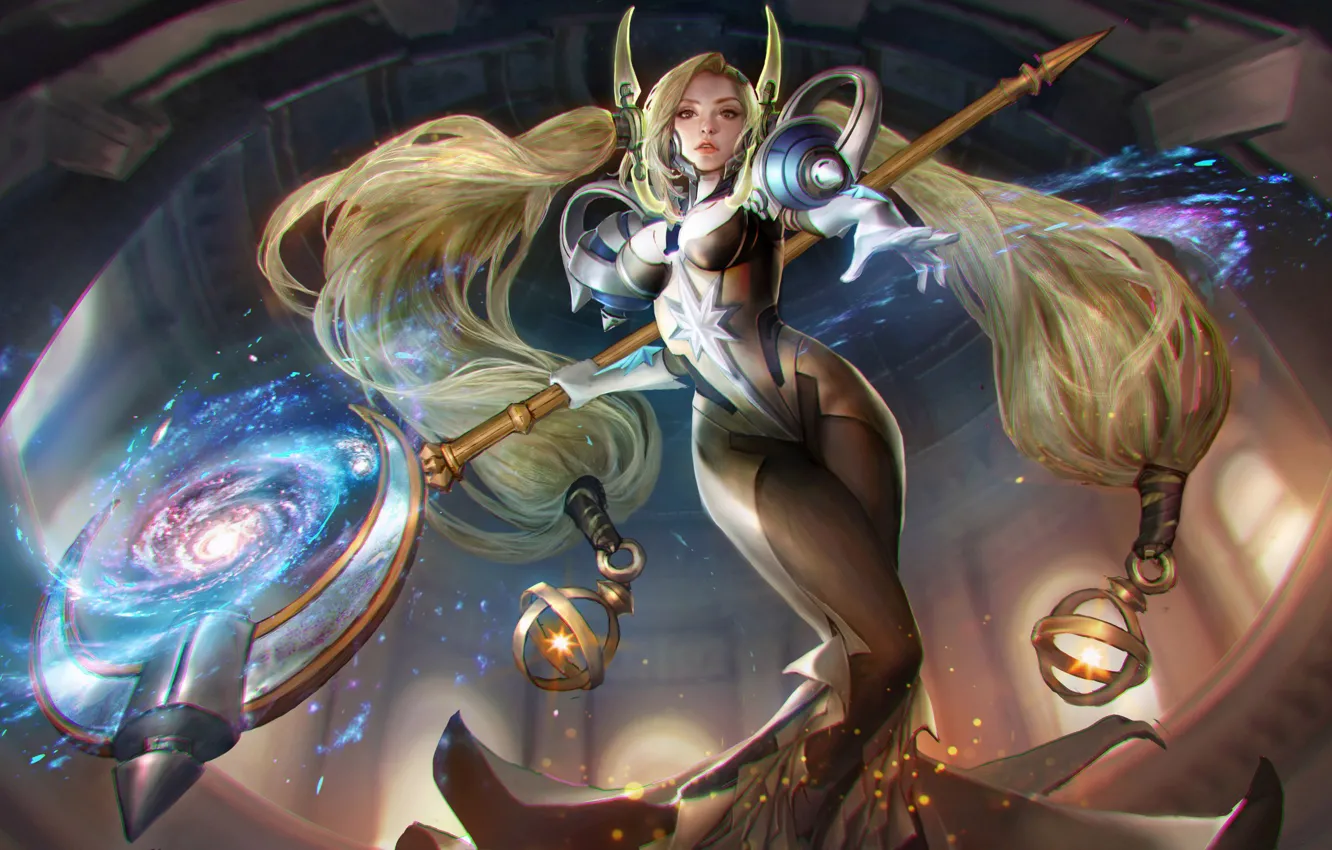 Photo wallpaper girl, fantasy, game, magic, long hair, Galaxy, stars, blonde