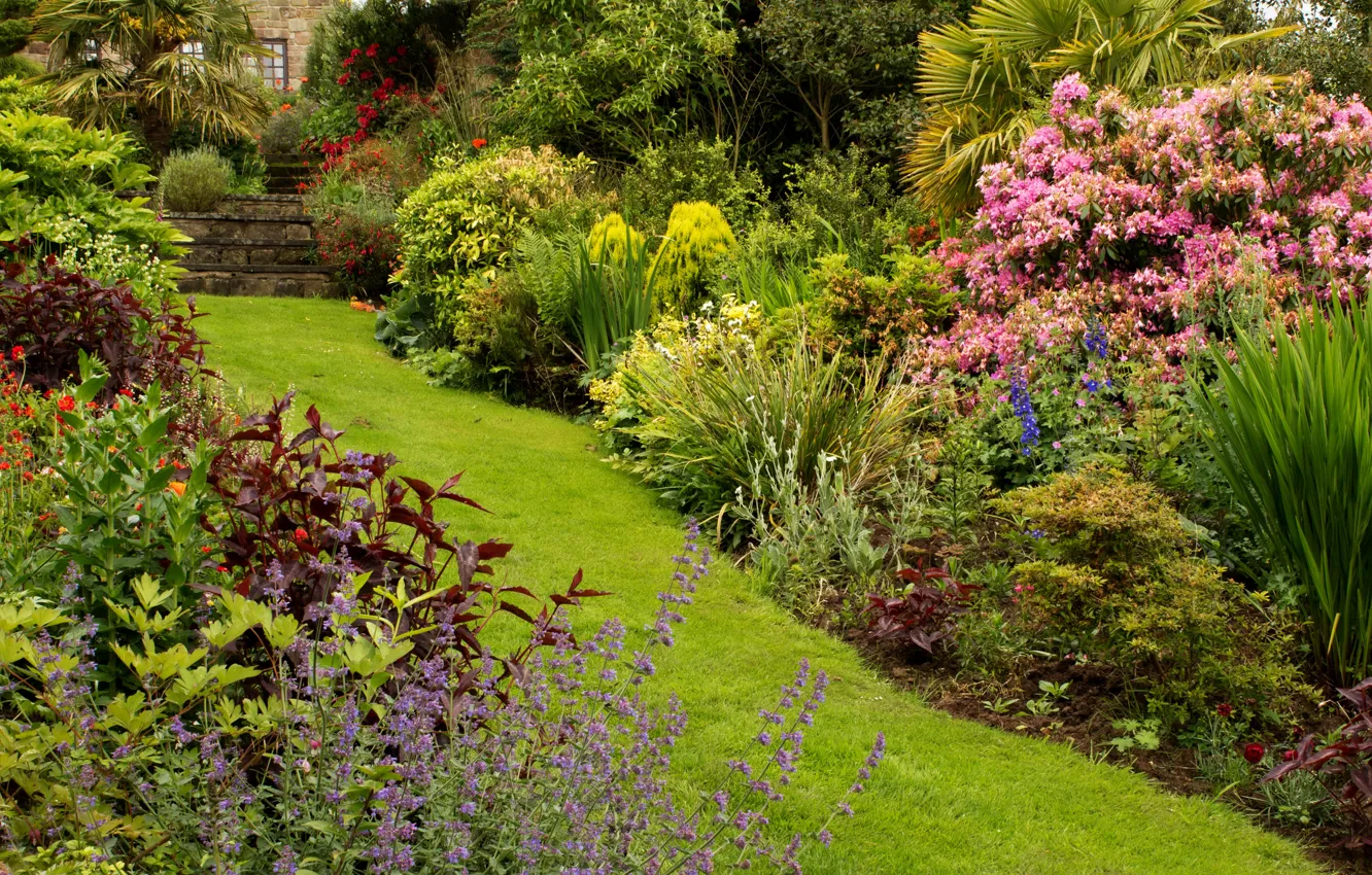 Photo wallpaper greens, grass, flowers, house, Park, track, UK, steps