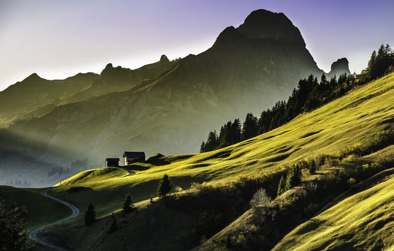Photo wallpaper mountains, morning, slope, Alps, house