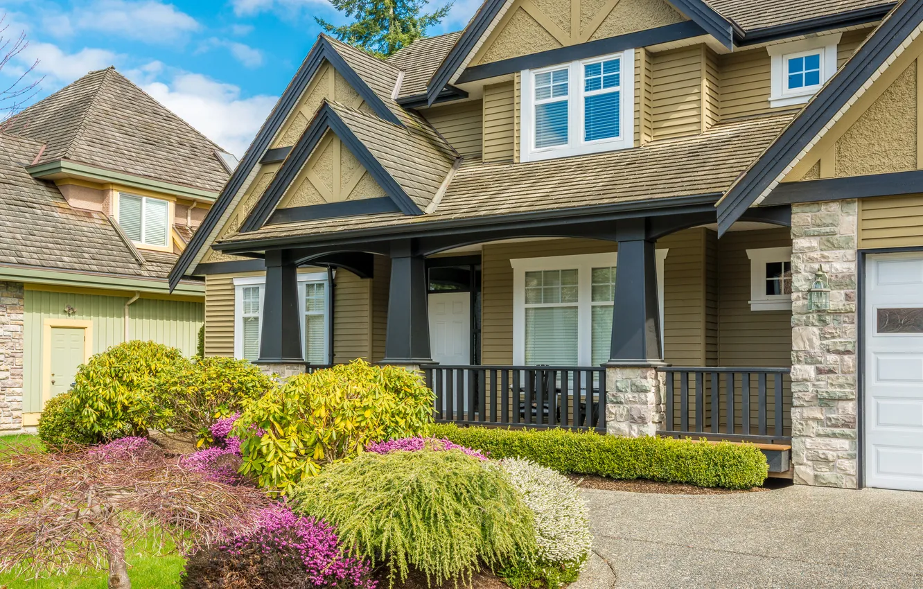 Photo wallpaper design, home, flowerbed, mansion, the bushes