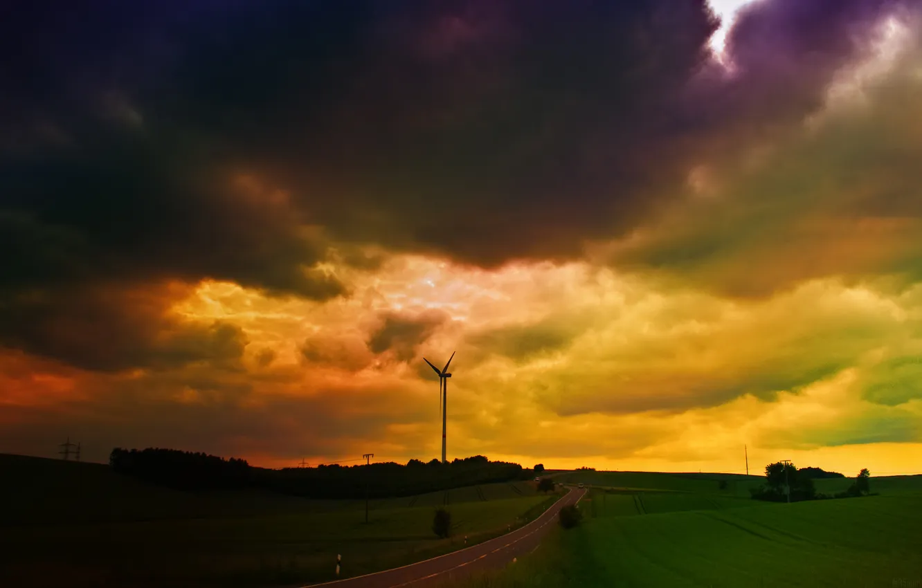 Photo wallpaper the sky, windmills, where the sunshine ends