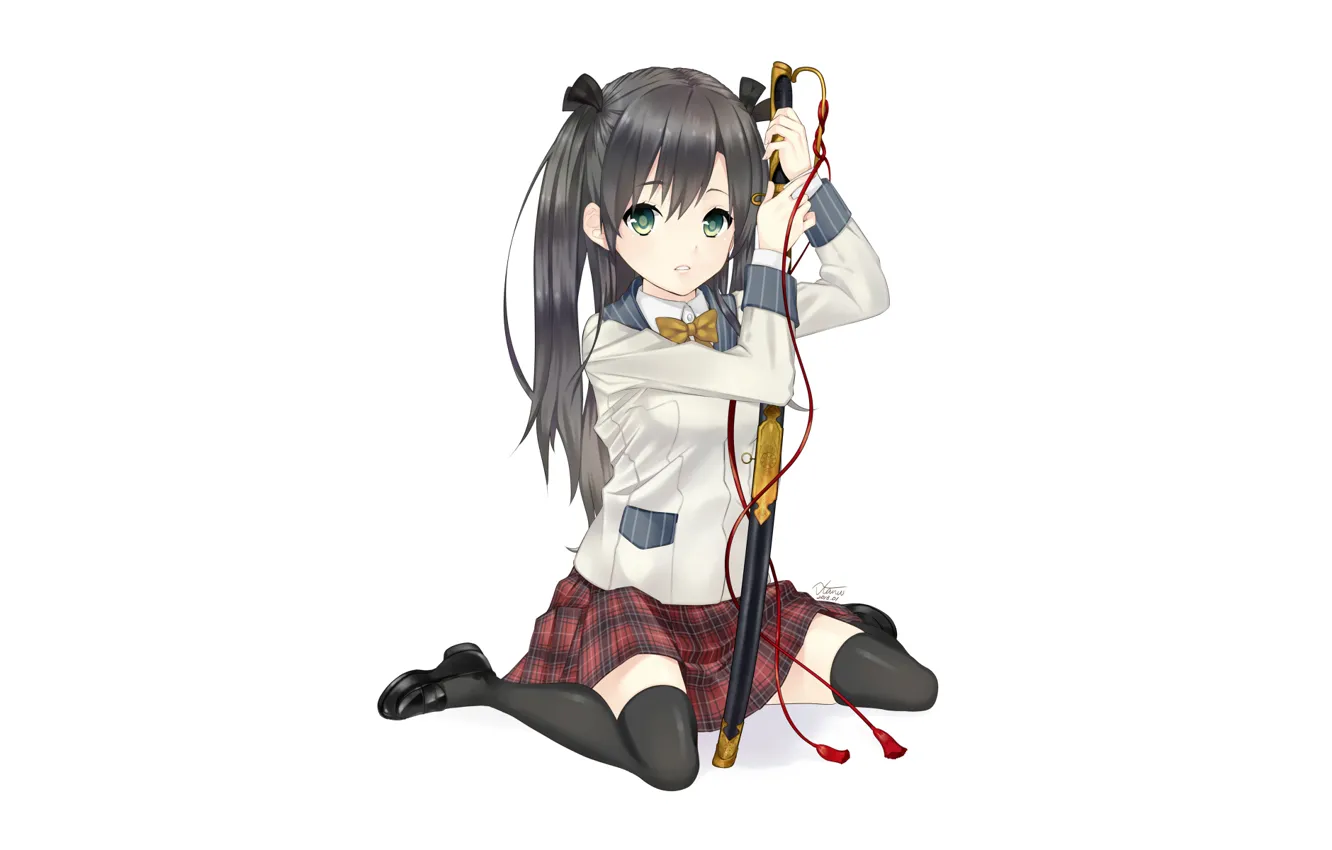 Photo wallpaper girl, weapons, minimalism, katana, stockings, white background, school uniform, long hair