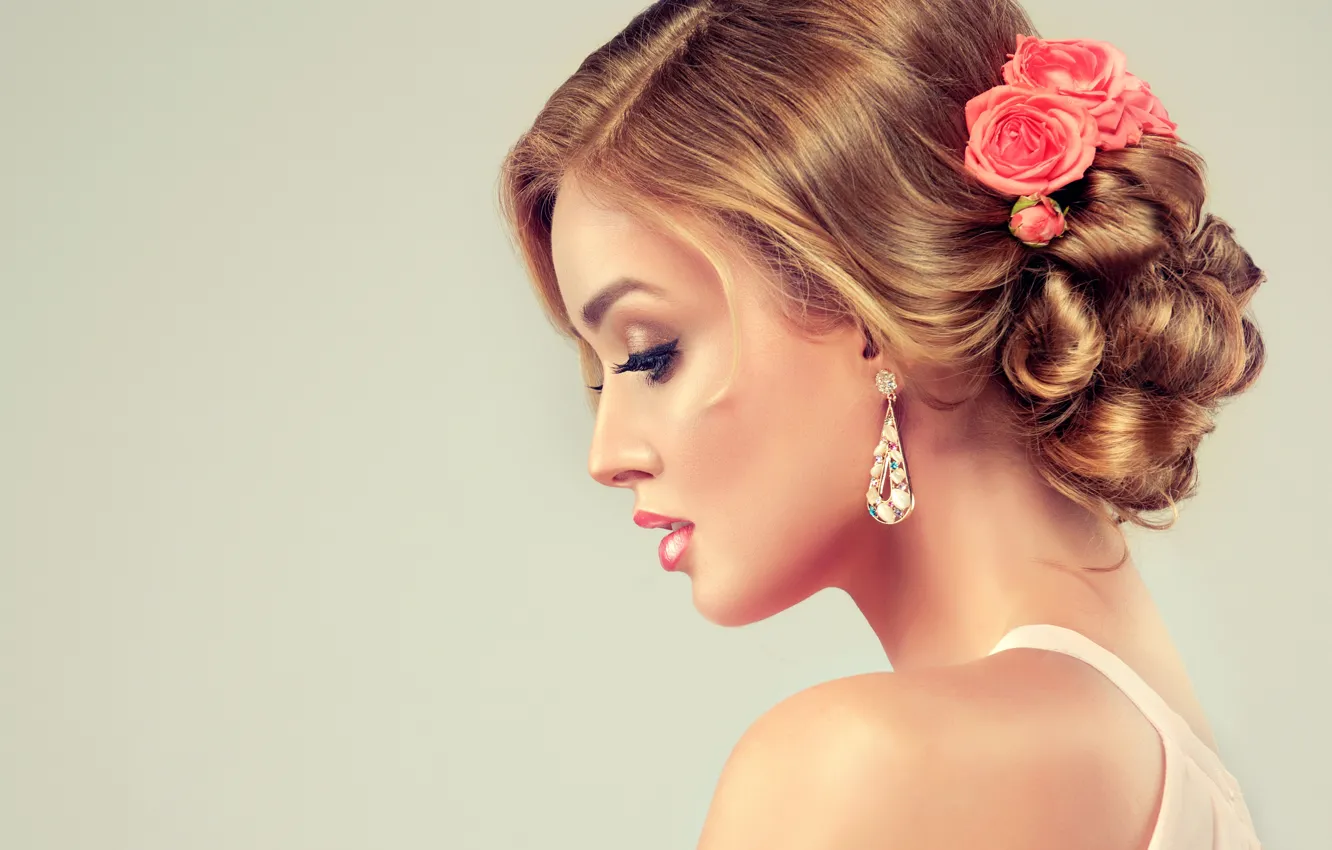 Photo wallpaper girl, model, hair, roses, makeup, hairstyle, photographer, profile